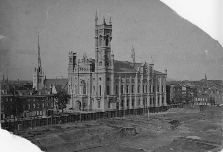 Photo of the Masonic Temple from across Penn Square, sometime between 1871 and 1909