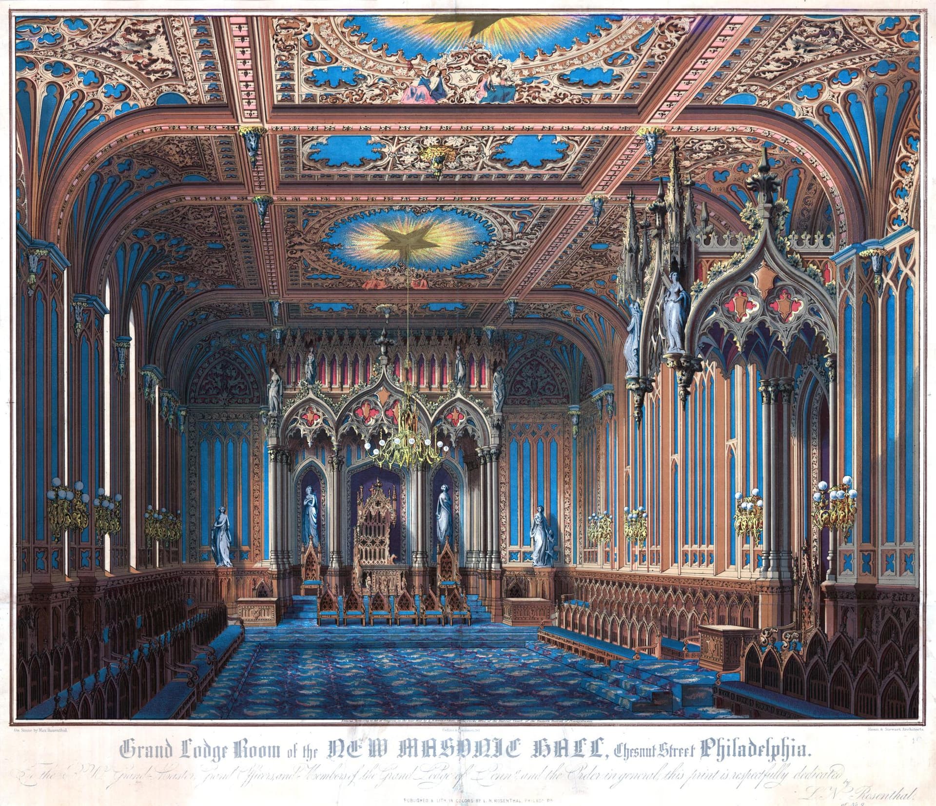 Commemorative lithograph of the grand lodge room, 1855