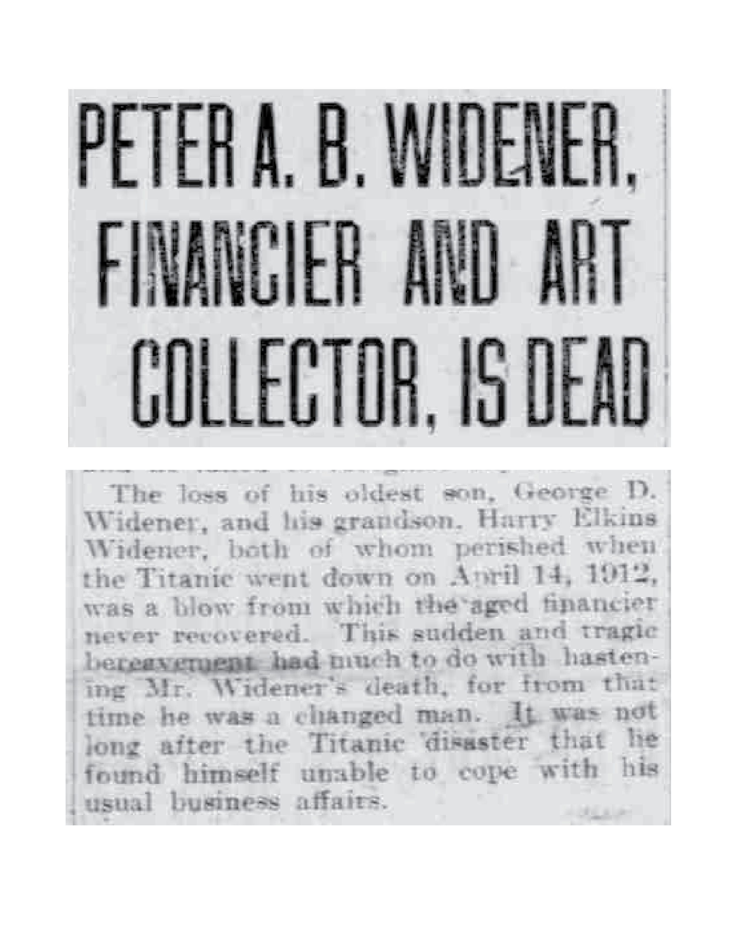 Newspaper clips detailing P.A.B. Widener's death, 1915