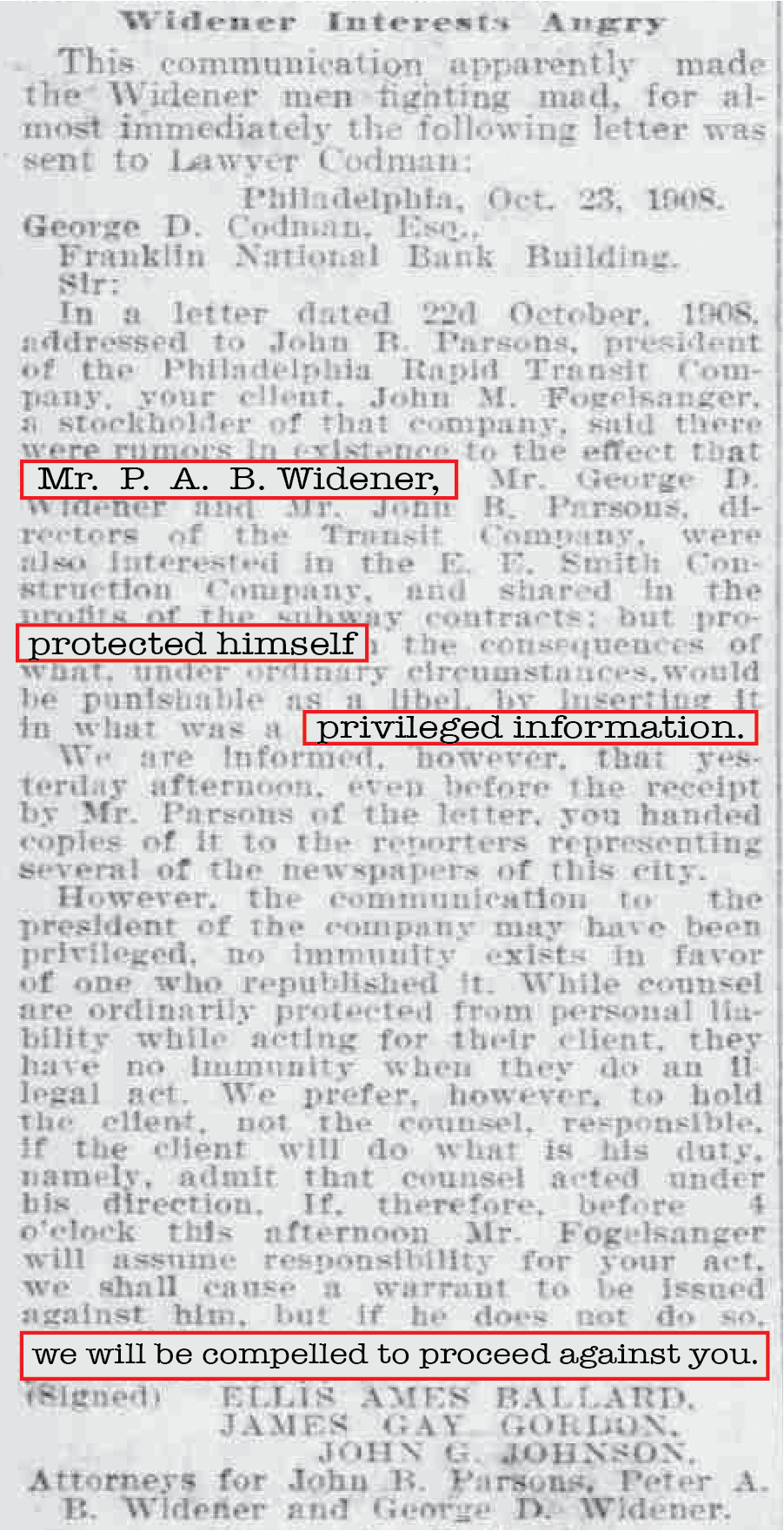 A public lawsuit letter accusing Widener of shady business, 1908