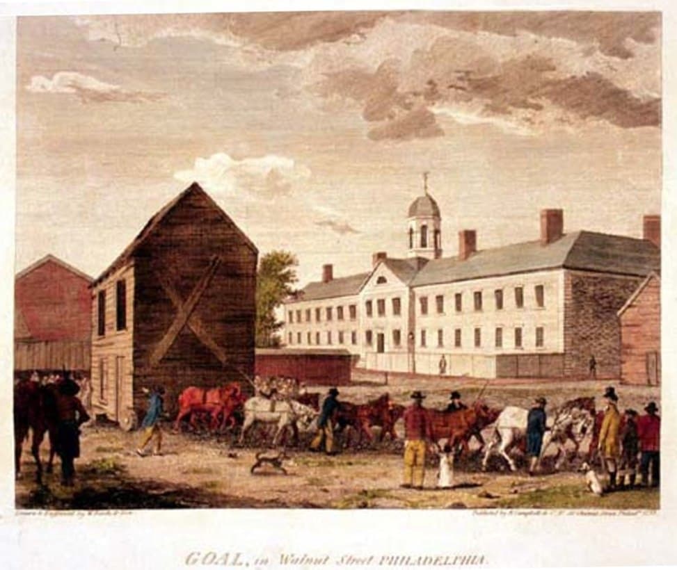 View of Walnut Street Prison in 1800, drawn and engraved by W. Birch & Son.